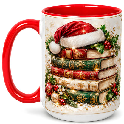 #pl[15oz|Red] Festive Book Stack Coffee Mug, Christmas Reading Mug, Ceramic Cup