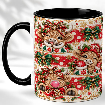 #pl[11oz|Black] Highland Cow Christmas Coffee Mug, Festive Cow Mug, Ceramic Cup