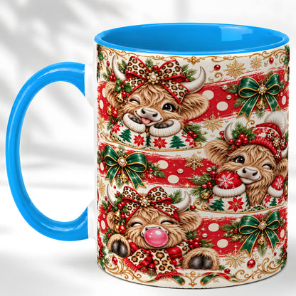 #pl[11oz|Blue] Highland Cow Christmas Coffee Mug, Festive Cow Mug, Ceramic Cup
