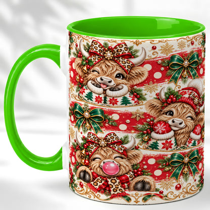 #pl[11oz|Green] Highland Cow Christmas Coffee Mug, Festive Cow Mug, Ceramic Cup