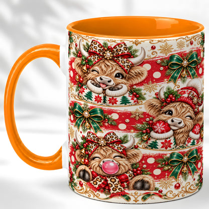 #pl[11oz|Orange] Highland Cow Christmas Coffee Mug, Festive Cow Mug, Ceramic Cup