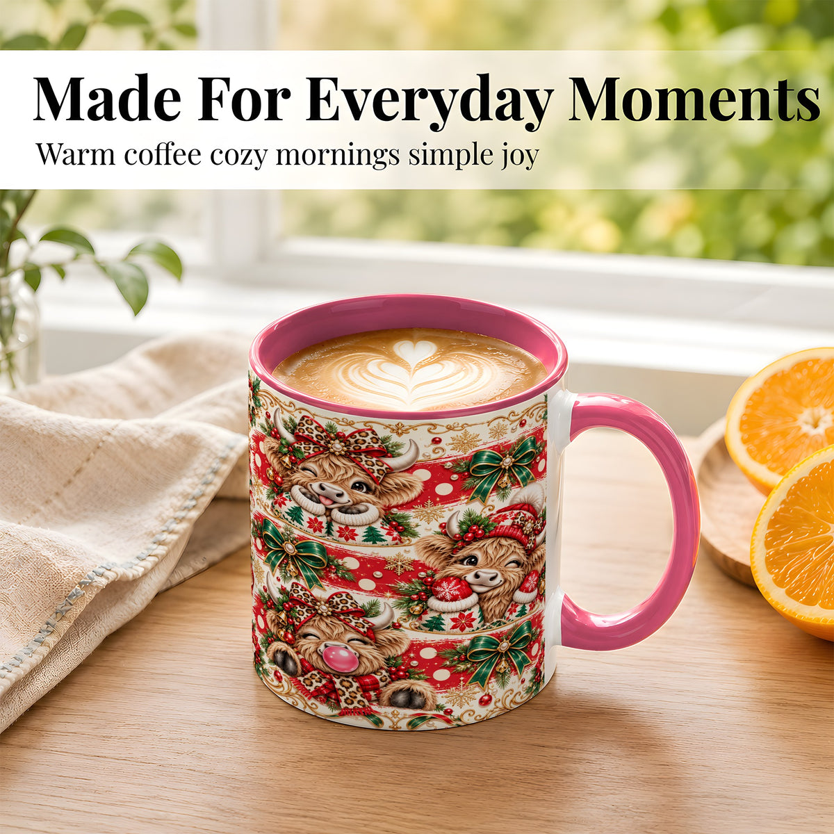 #pl[11oz|Pink] Highland Cow Christmas Coffee Mug, Festive Cow Mug, Ceramic Cup