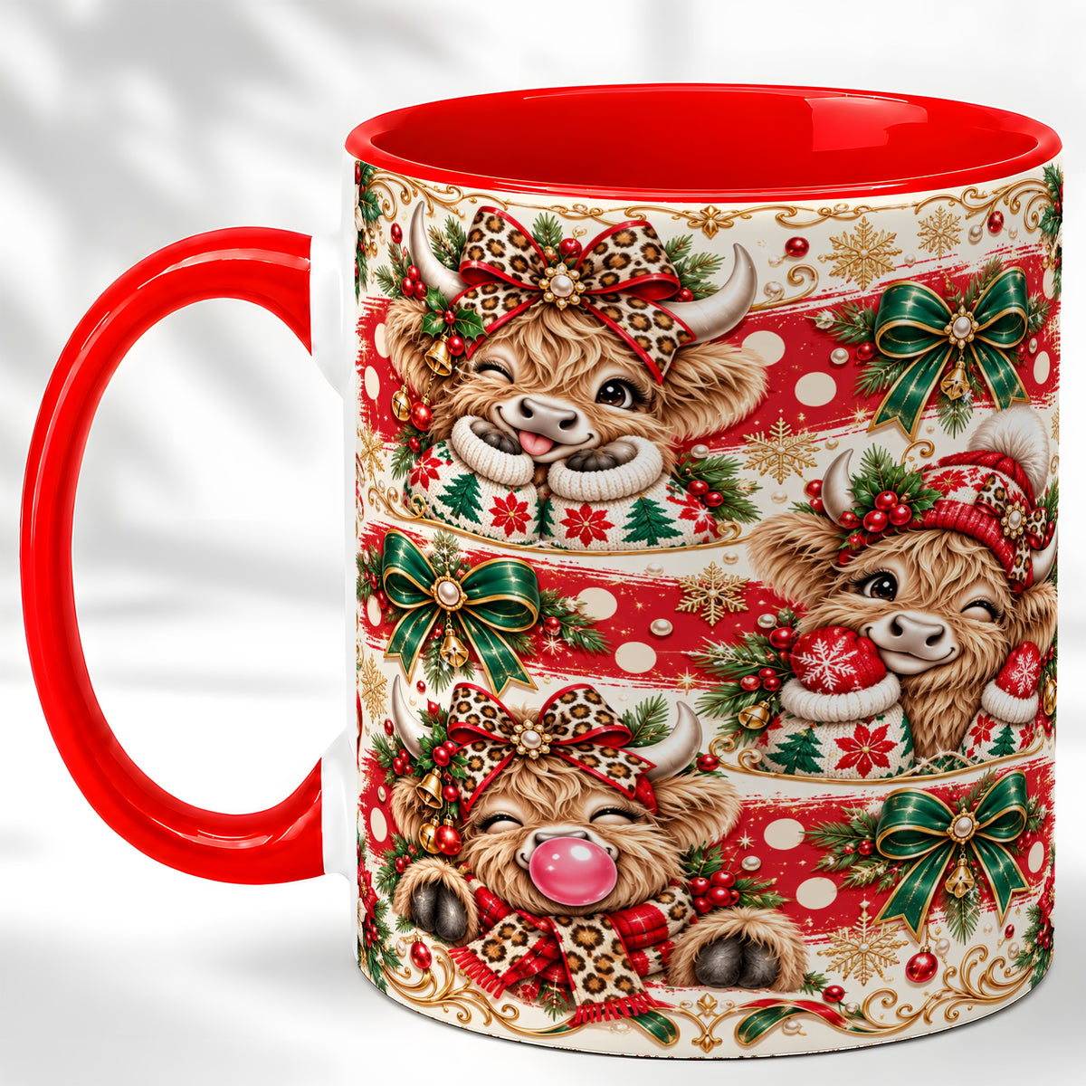 Highland Cow Christmas Coffee Mug, Festive Cow Mug, Ceramic Cup