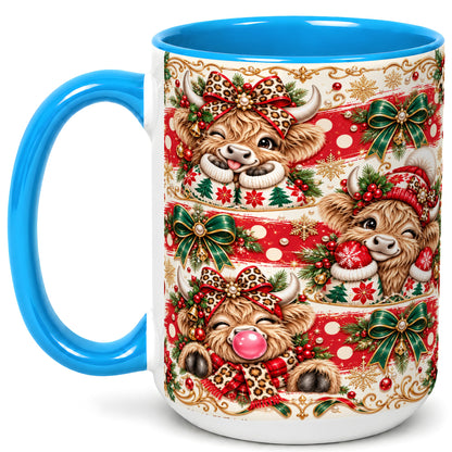 #pl[15oz|Blue] Highland Cow Christmas Coffee Mug, Festive Cow Mug, Ceramic Cup