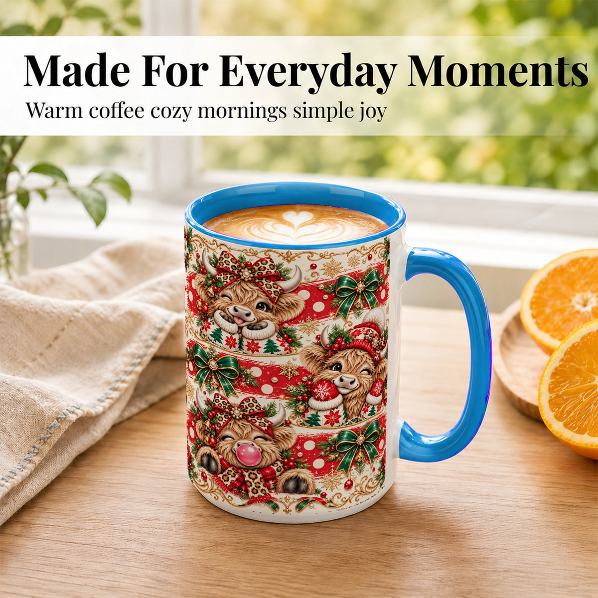 #pl[15oz|Blue] Highland Cow Christmas Coffee Mug, Festive Cow Mug, Ceramic Cup