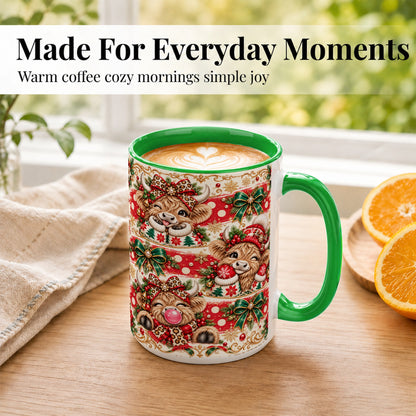 #pl[15oz|Green] Highland Cow Christmas Coffee Mug, Festive Cow Mug, Ceramic Cup