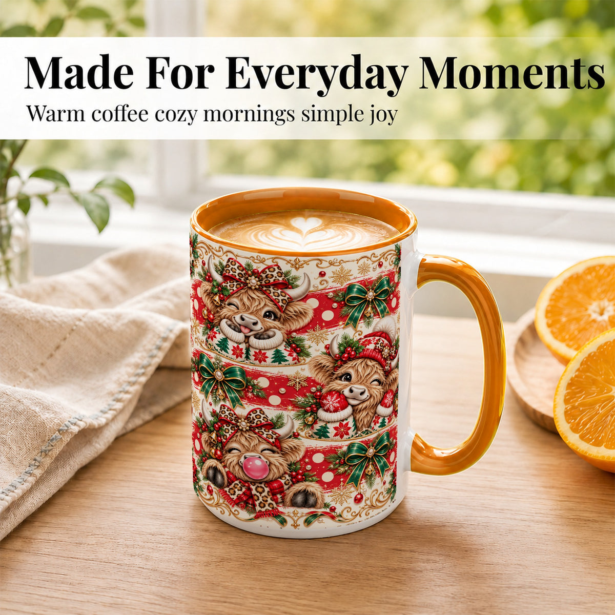 #pl[15oz|Orange] Highland Cow Christmas Coffee Mug, Festive Cow Mug, Ceramic Cup