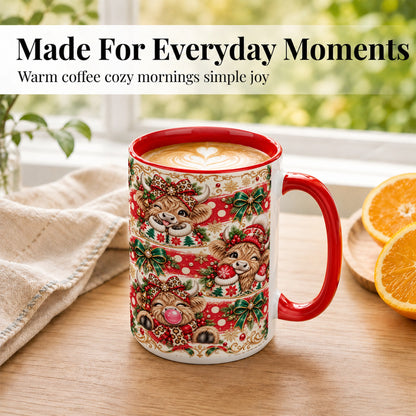 #pl[15oz|Red] Highland Cow Christmas Coffee Mug, Festive Cow Mug, Ceramic Cup