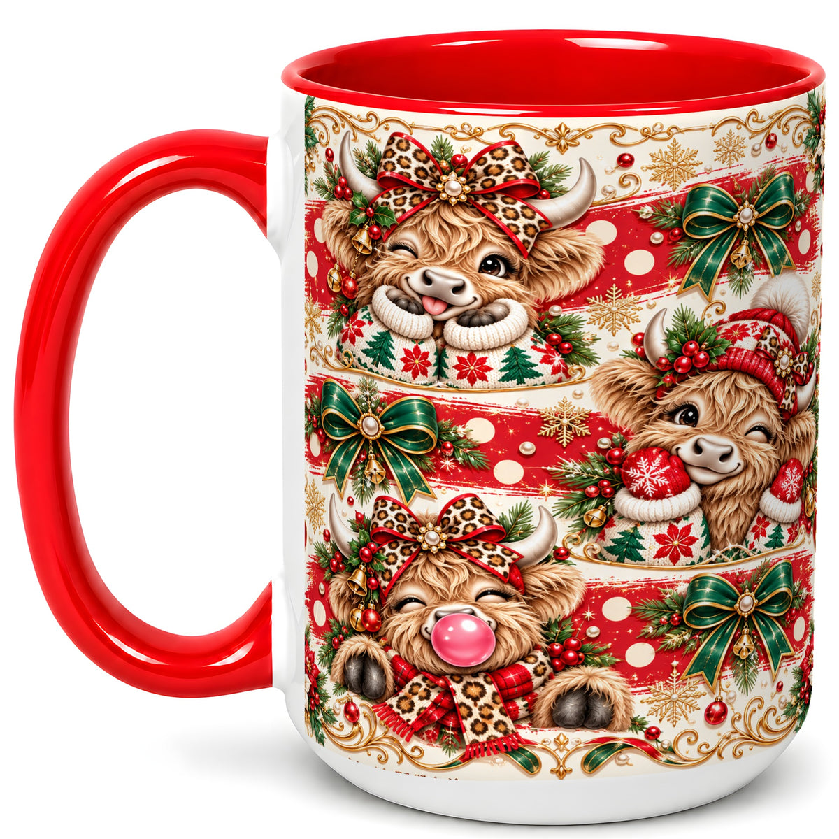 #pl[15oz|Red] Highland Cow Christmas Coffee Mug, Festive Cow Mug, Ceramic Cup