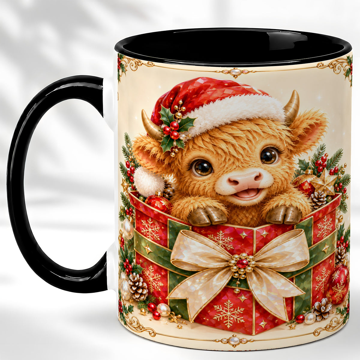 #pl[11oz|Black] Christmas Cow Coffee Mug, Holiday Present Mug, Ceramic Cup