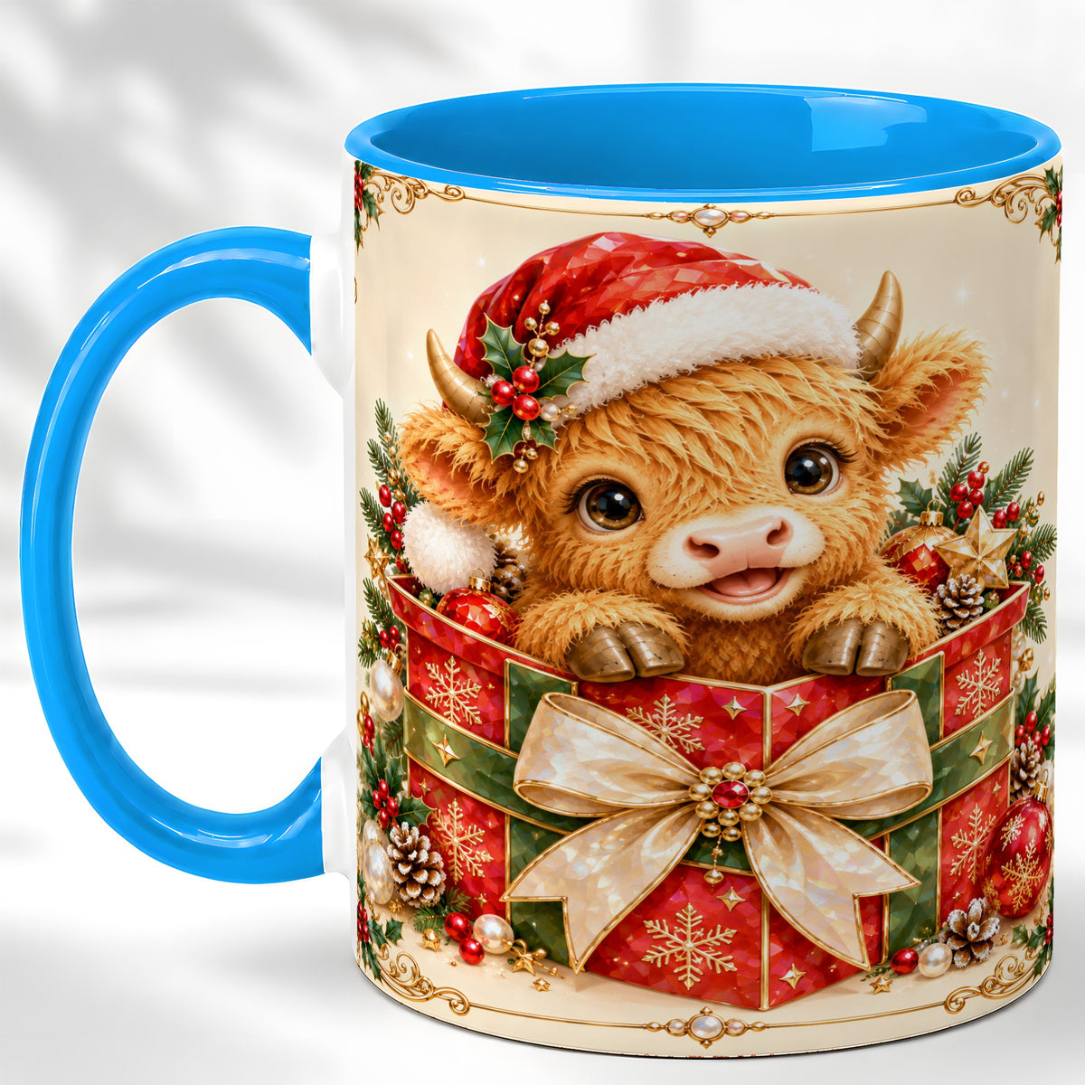 #pl[11oz|Blue] Christmas Cow Coffee Mug, Holiday Present Mug, Ceramic Cup