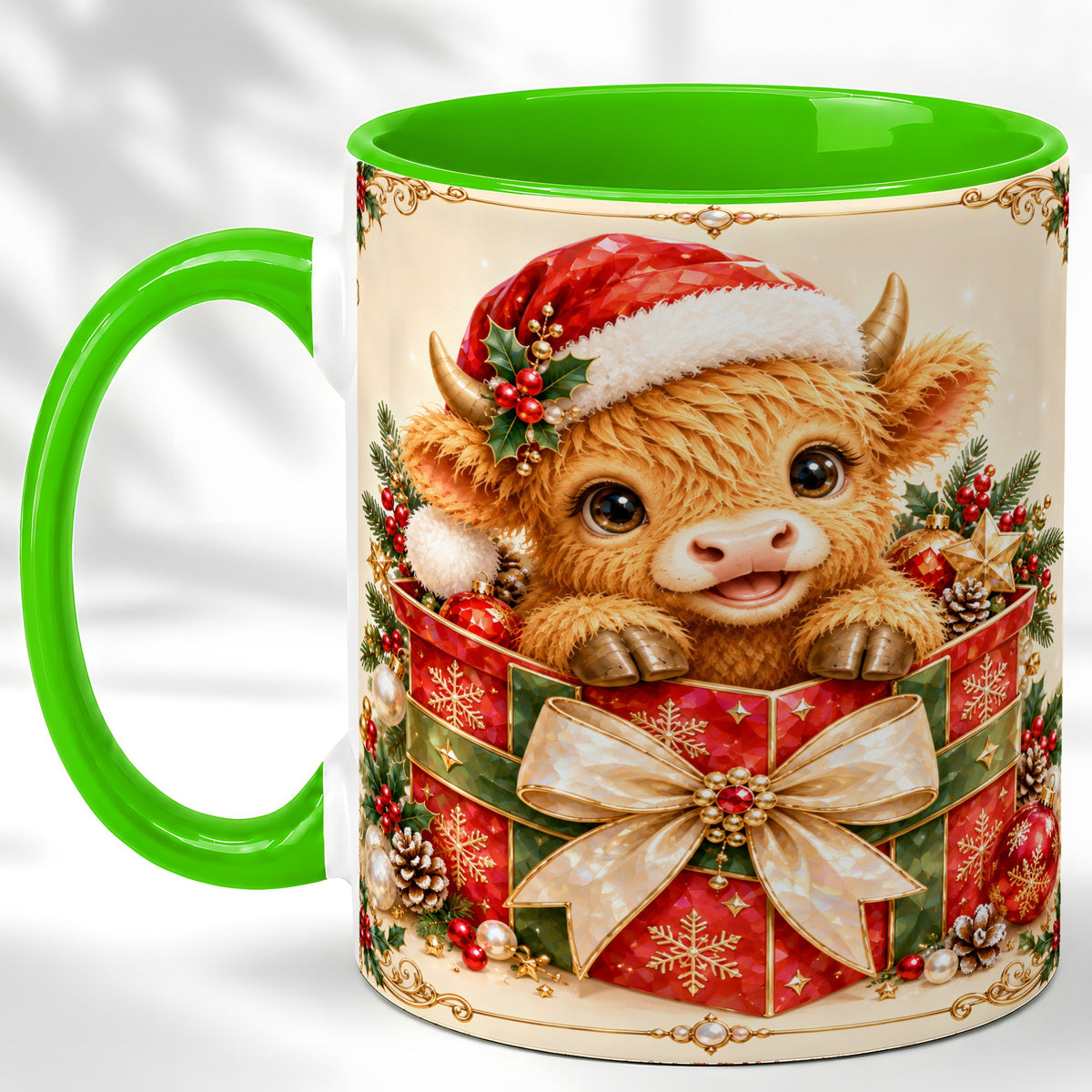 #pl[11oz|Green] Christmas Cow Coffee Mug, Holiday Present Mug, Ceramic Cup