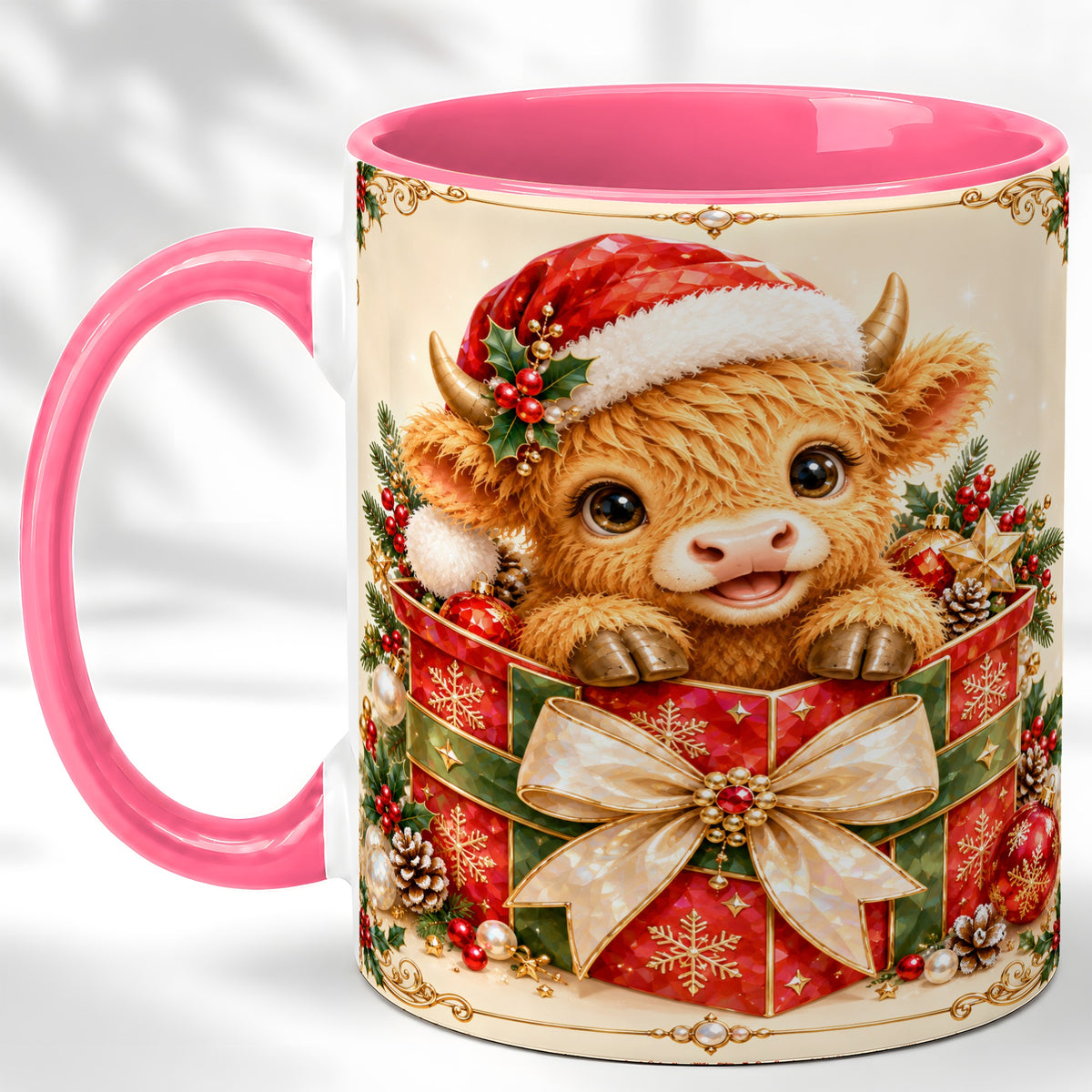 #pl[11oz|Pink] Christmas Cow Coffee Mug, Holiday Present Mug, Ceramic Cup