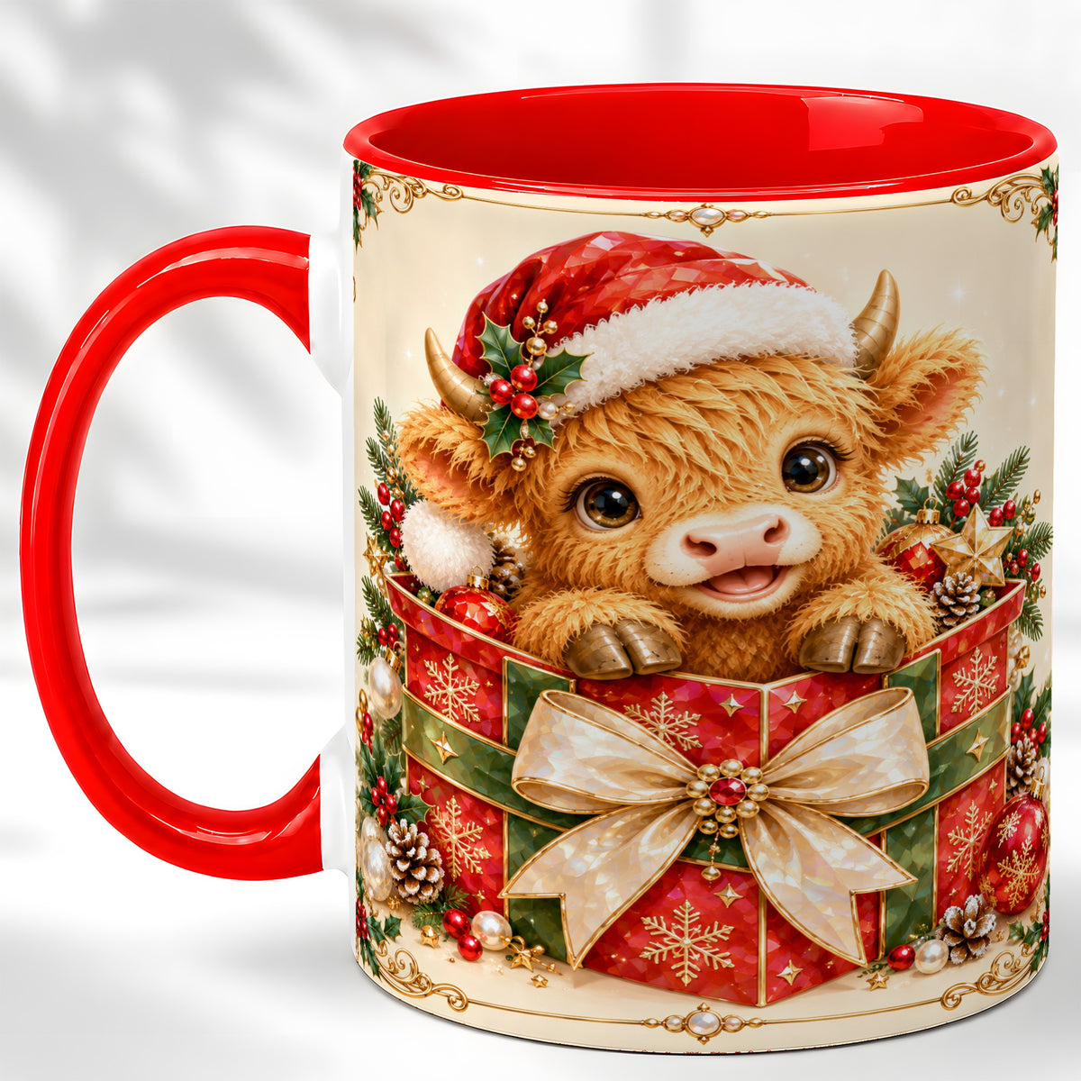 Christmas Cow Coffee Mug, Holiday Present Mug, Ceramic Cup