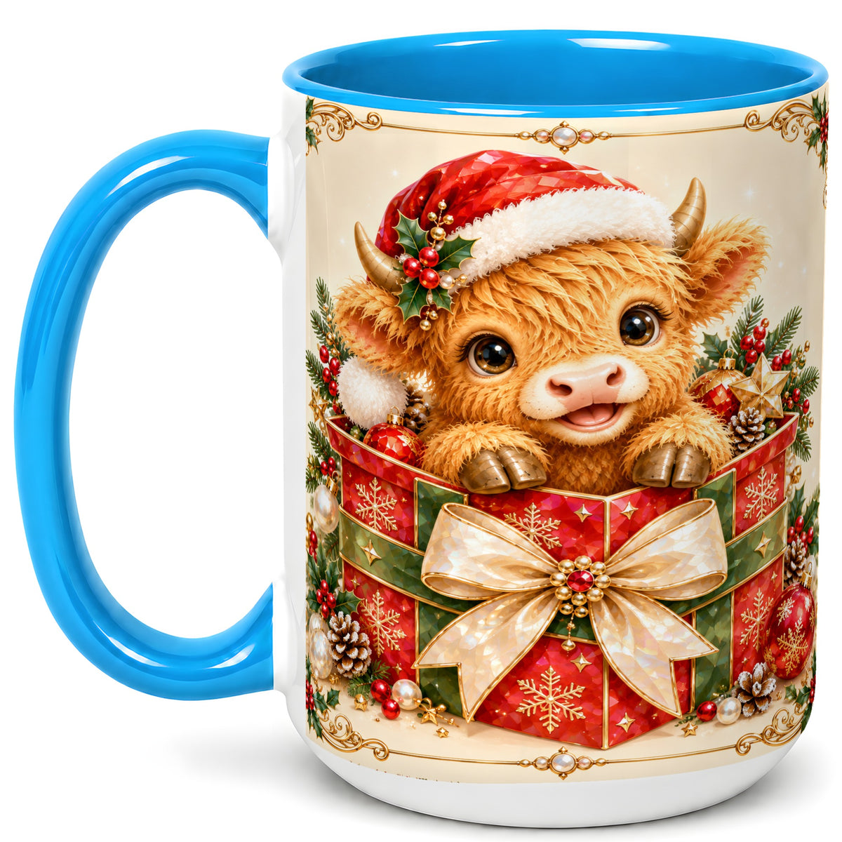 #pl[15oz|Blue] Christmas Cow Coffee Mug, Holiday Present Mug, Ceramic Cup