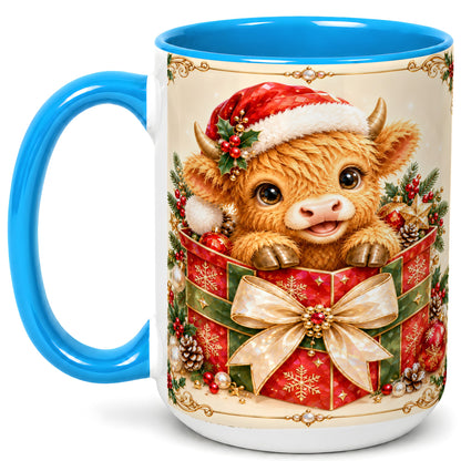 #pl[15oz|Blue] Christmas Cow Coffee Mug, Holiday Present Mug, Ceramic Cup