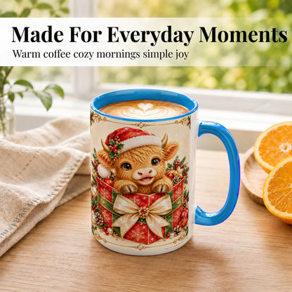 #pl[15oz|Blue] Christmas Cow Coffee Mug, Holiday Present Mug, Ceramic Cup