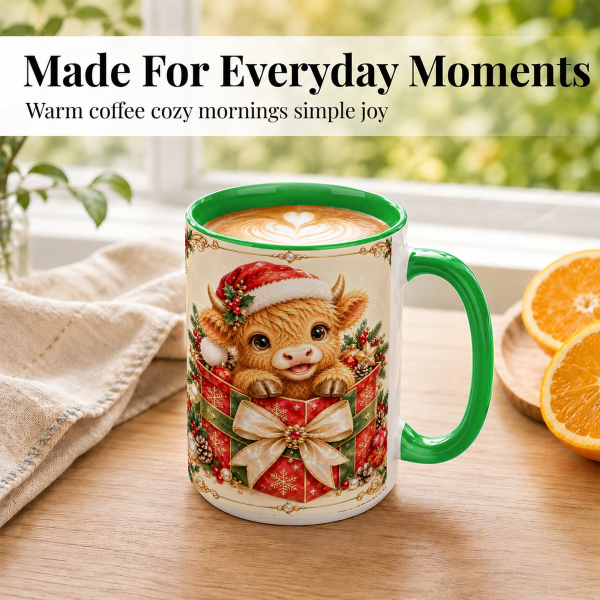 #pl[15oz|Green] Christmas Cow Coffee Mug, Holiday Present Mug, Ceramic Cup
