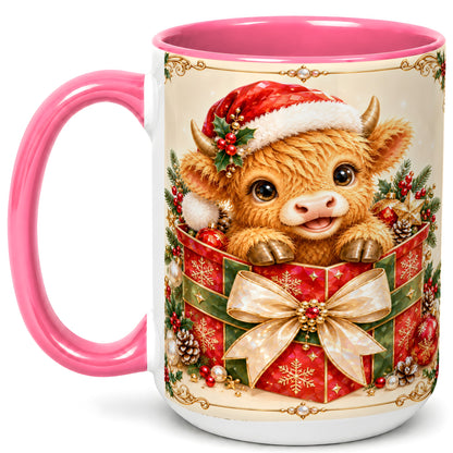 #pl[15oz|Pink] Christmas Cow Coffee Mug, Holiday Present Mug, Ceramic Cup