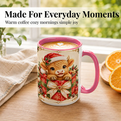 #pl[15oz|Pink] Christmas Cow Coffee Mug, Holiday Present Mug, Ceramic Cup