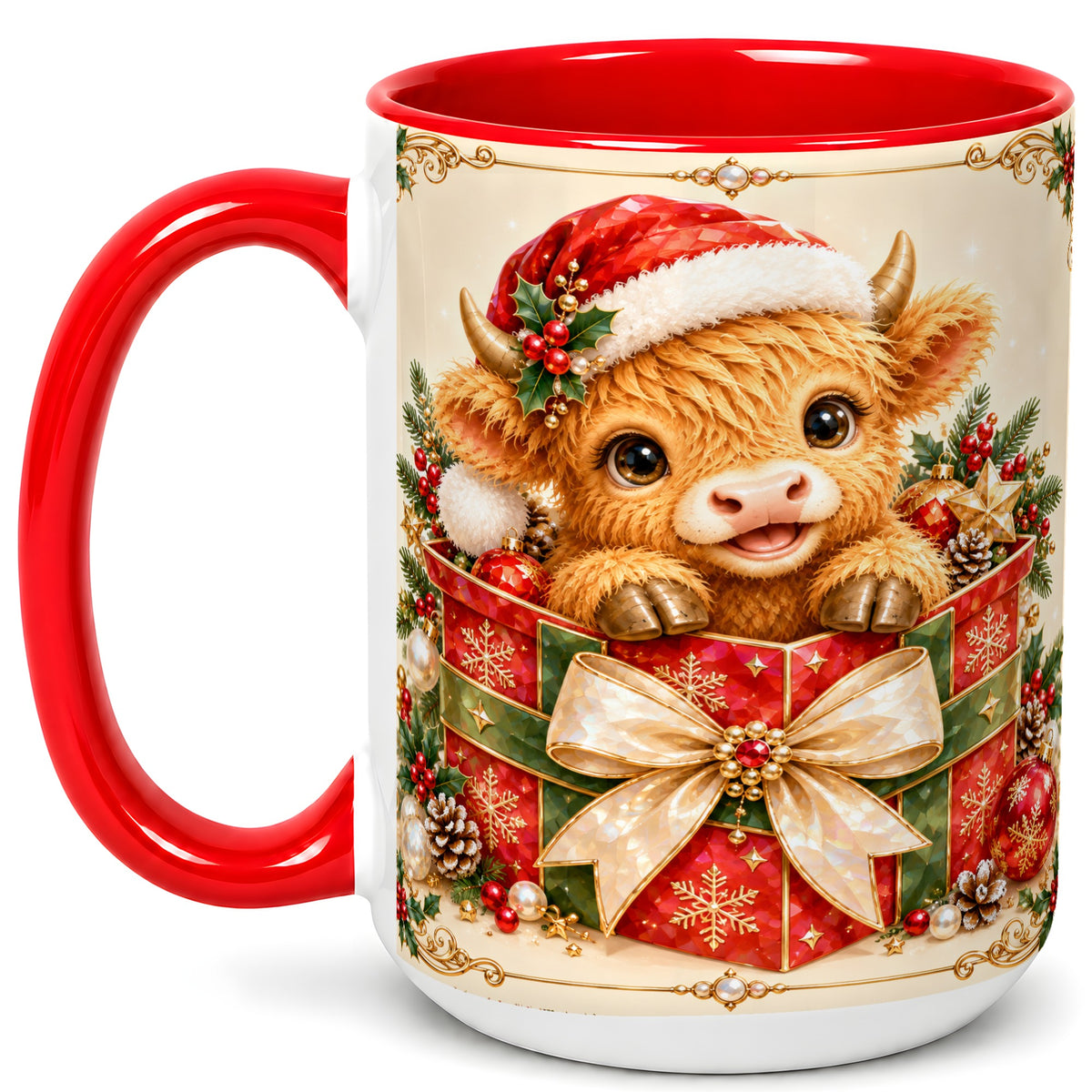 #pl[15oz|Red] Christmas Cow Coffee Mug, Holiday Present Mug, Ceramic Cup