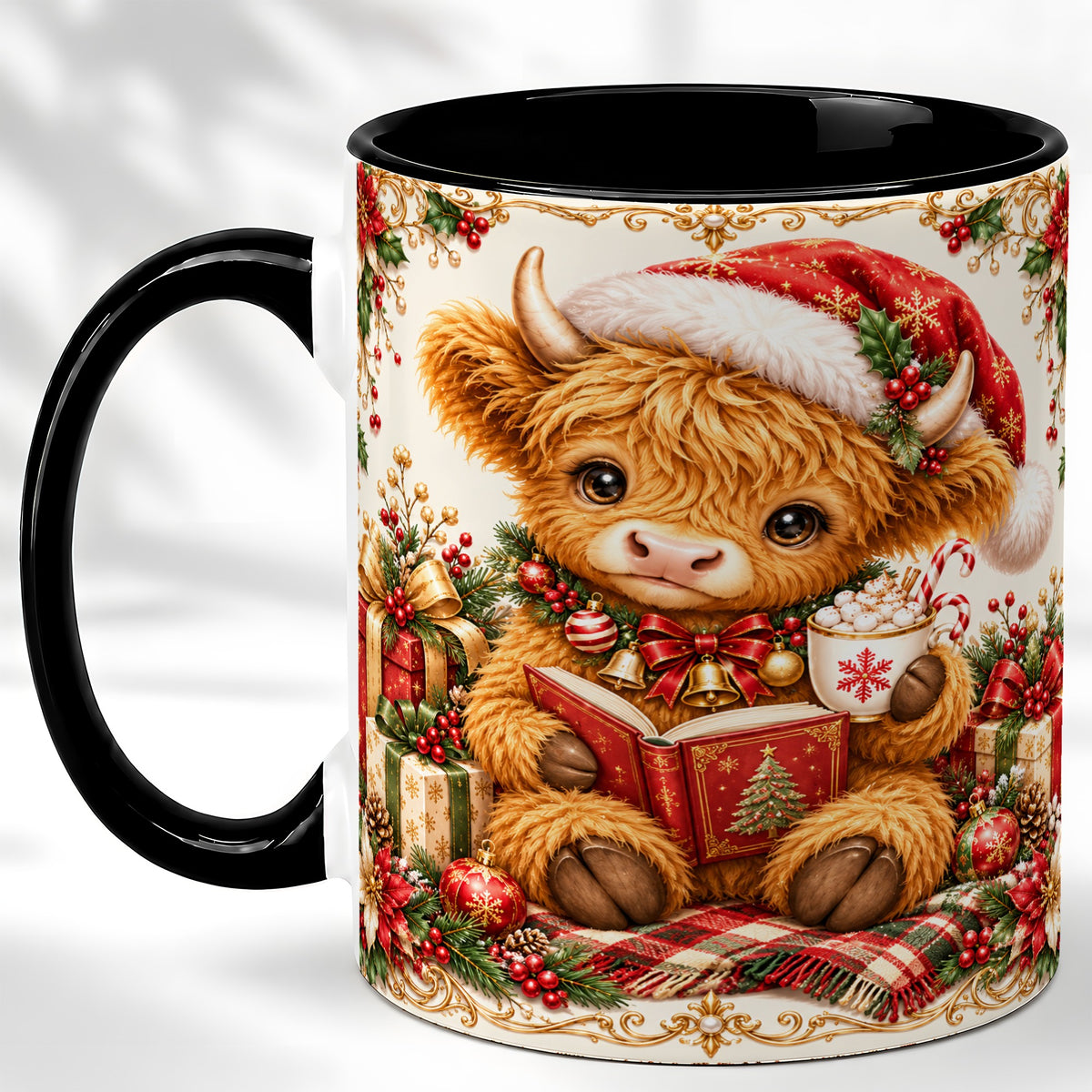 #pl[11oz|Black] Christmas Reading Cow Coffee Mug, Cozy Holiday Mug, Ceramic Cup