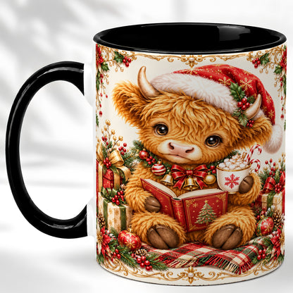 #pl[11oz|Black] Christmas Reading Cow Coffee Mug, Cozy Holiday Mug, Ceramic Cup