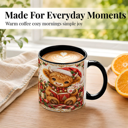 #pl[11oz|Black] Christmas Reading Cow Coffee Mug, Cozy Holiday Mug, Ceramic Cup