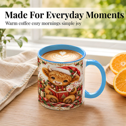 #pl[11oz|Blue] Christmas Reading Cow Coffee Mug, Cozy Holiday Mug, Ceramic Cup