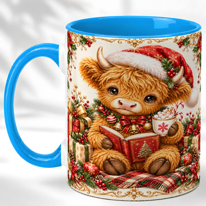 #pl[11oz|Blue] Christmas Reading Cow Coffee Mug, Cozy Holiday Mug, Ceramic Cup