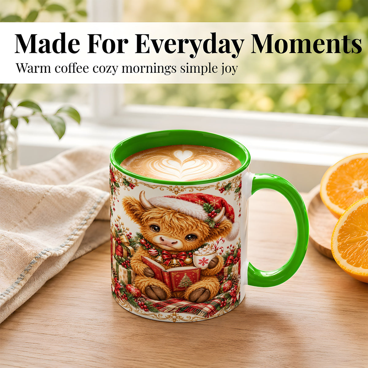 #pl[11oz|Green] Christmas Reading Cow Coffee Mug, Cozy Holiday Mug, Ceramic Cup