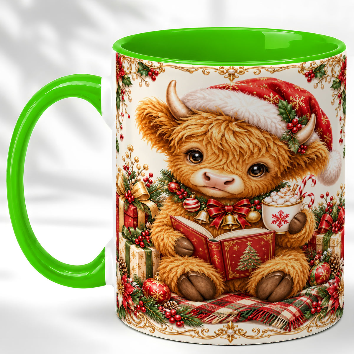 #pl[11oz|Green] Christmas Reading Cow Coffee Mug, Cozy Holiday Mug, Ceramic Cup