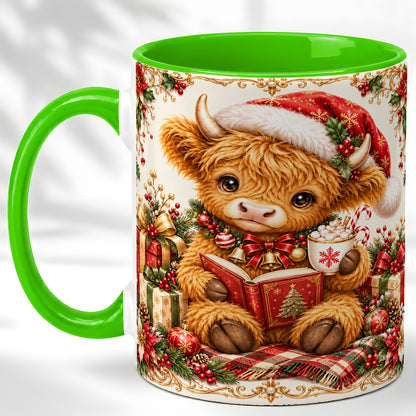 #pl[11oz|Green] Christmas Reading Cow Coffee Mug, Cozy Holiday Mug, Ceramic Cup
