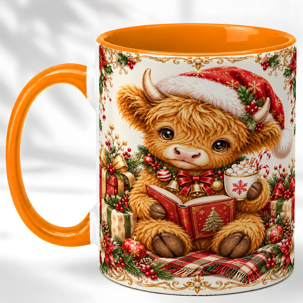 #pl[11oz|Orange] Christmas Reading Cow Coffee Mug, Cozy Holiday Mug, Ceramic Cup