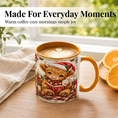 #pl[11oz|Orange] Christmas Reading Cow Coffee Mug, Cozy Holiday Mug, Ceramic Cup