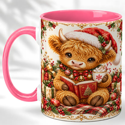 #pl[11oz|Pink] Christmas Reading Cow Coffee Mug, Cozy Holiday Mug, Ceramic Cup