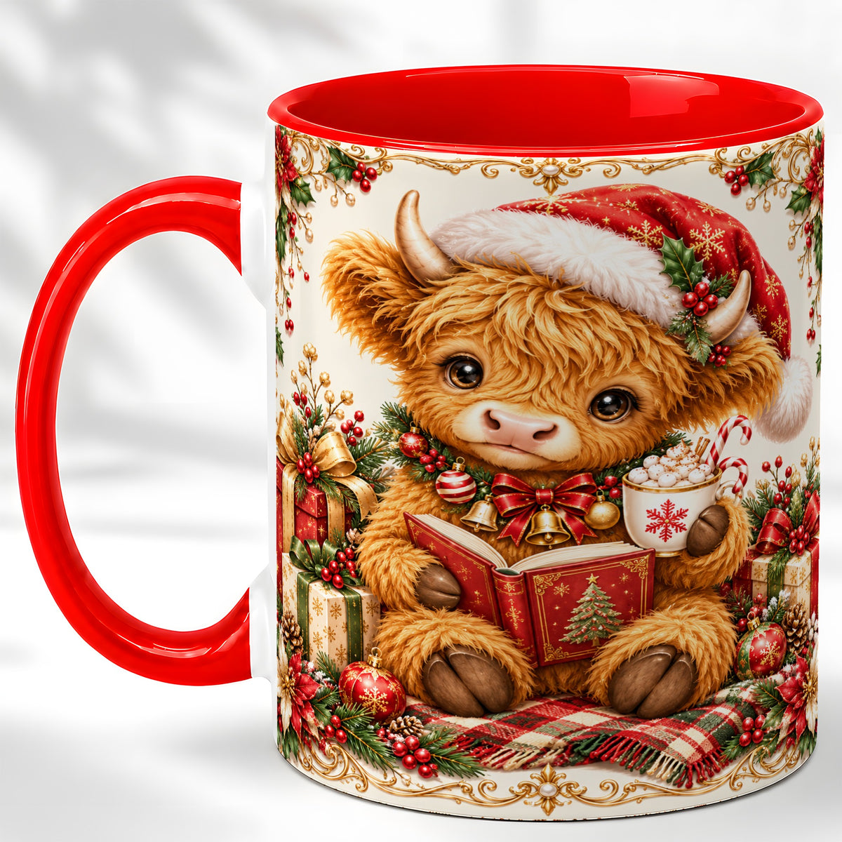 Christmas Reading Cow Coffee Mug, Cozy Holiday Mug, Ceramic Cup