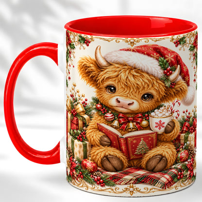 Christmas Reading Cow Coffee Mug, Cozy Holiday Mug, Ceramic Cup