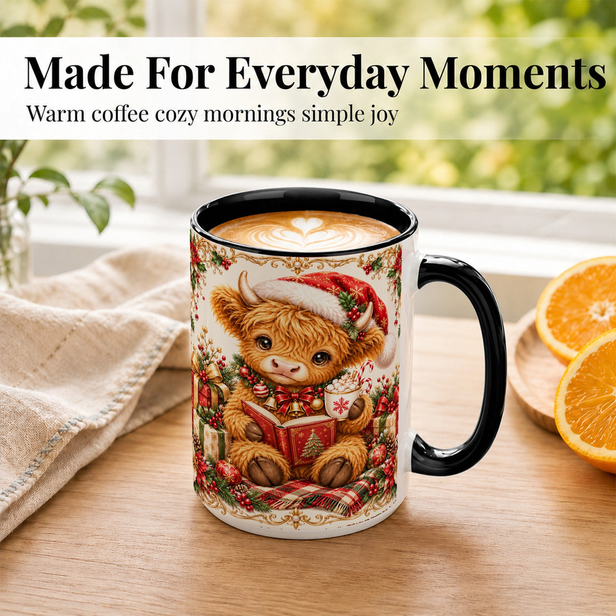 #pl[15oz|Black] Christmas Reading Cow Coffee Mug, Cozy Holiday Mug, Ceramic Cup