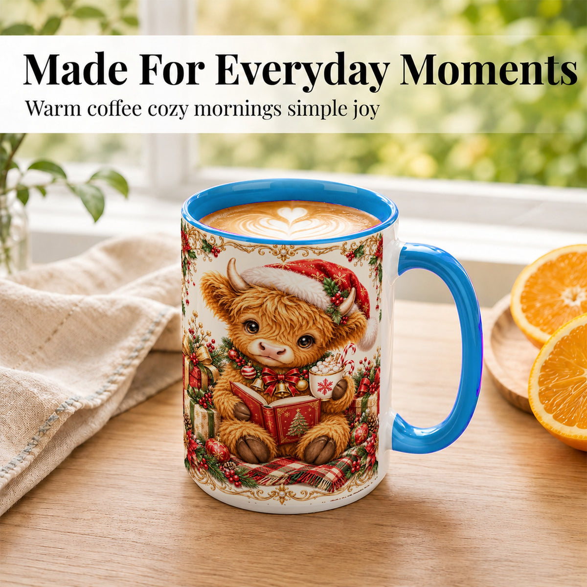 #pl[15oz|Blue] Christmas Reading Cow Coffee Mug, Cozy Holiday Mug, Ceramic Cup
