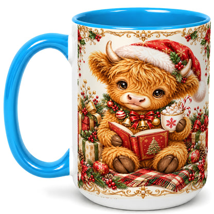 #pl[15oz|Blue] Christmas Reading Cow Coffee Mug, Cozy Holiday Mug, Ceramic Cup
