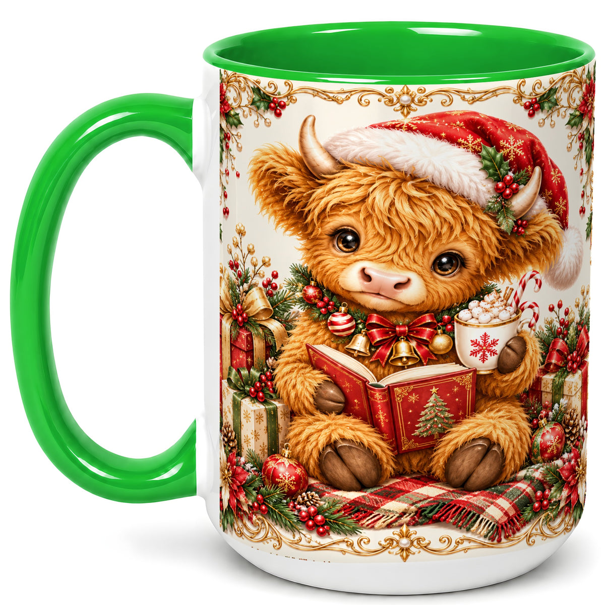 #pl[15oz|Green] Christmas Reading Cow Coffee Mug, Cozy Holiday Mug, Ceramic Cup