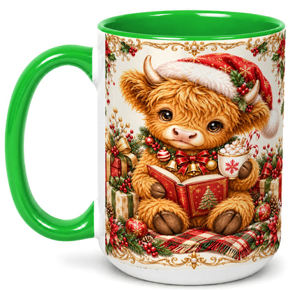 #pl[15oz|Green] Christmas Reading Cow Coffee Mug, Cozy Holiday Mug, Ceramic Cup