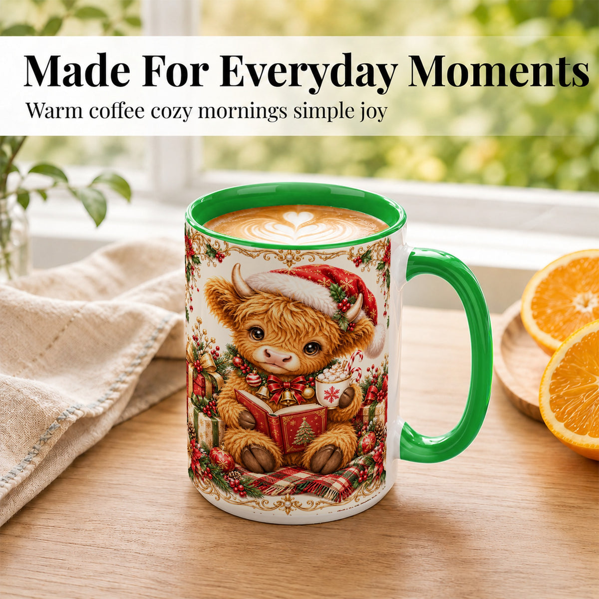 #pl[15oz|Green] Christmas Reading Cow Coffee Mug, Cozy Holiday Mug, Ceramic Cup