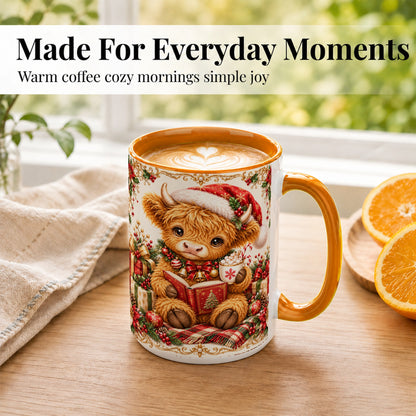 #pl[15oz|Orange] Christmas Reading Cow Coffee Mug, Cozy Holiday Mug, Ceramic Cup