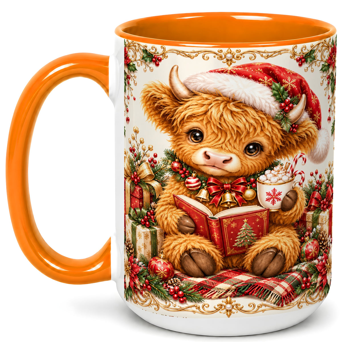 #pl[15oz|Orange] Christmas Reading Cow Coffee Mug, Cozy Holiday Mug, Ceramic Cup