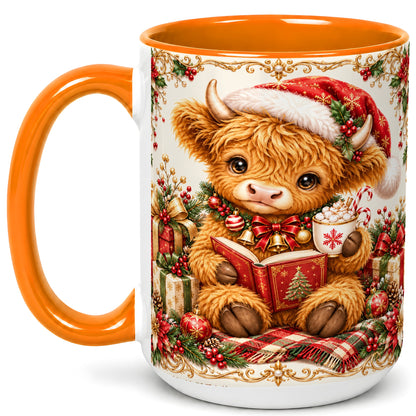 #pl[15oz|Orange] Christmas Reading Cow Coffee Mug, Cozy Holiday Mug, Ceramic Cup