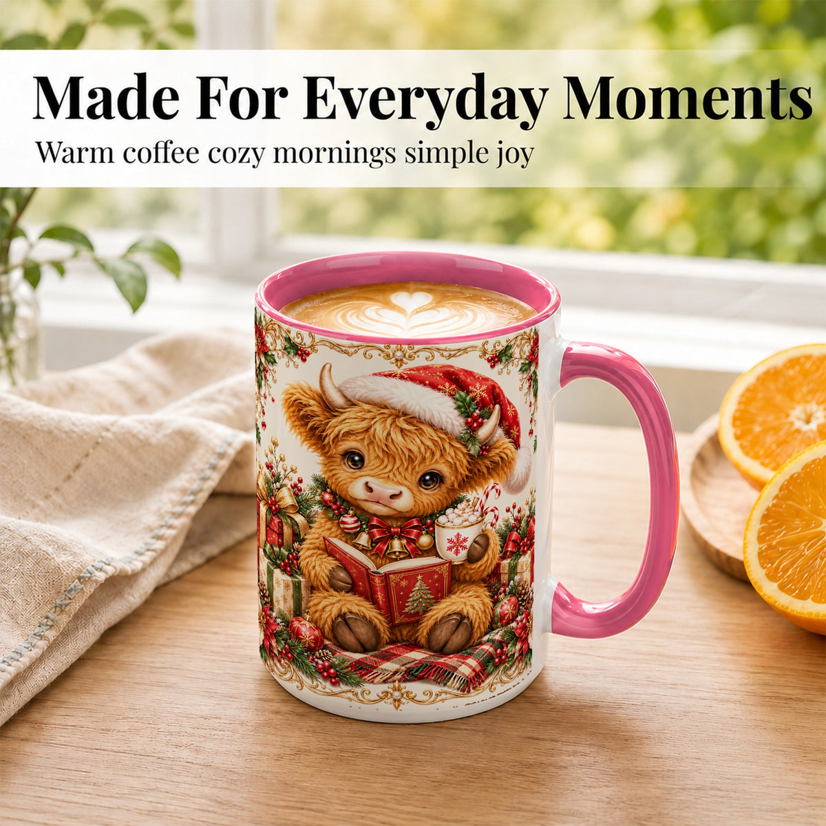 #pl[15oz|Pink] Christmas Reading Cow Coffee Mug, Cozy Holiday Mug, Ceramic Cup