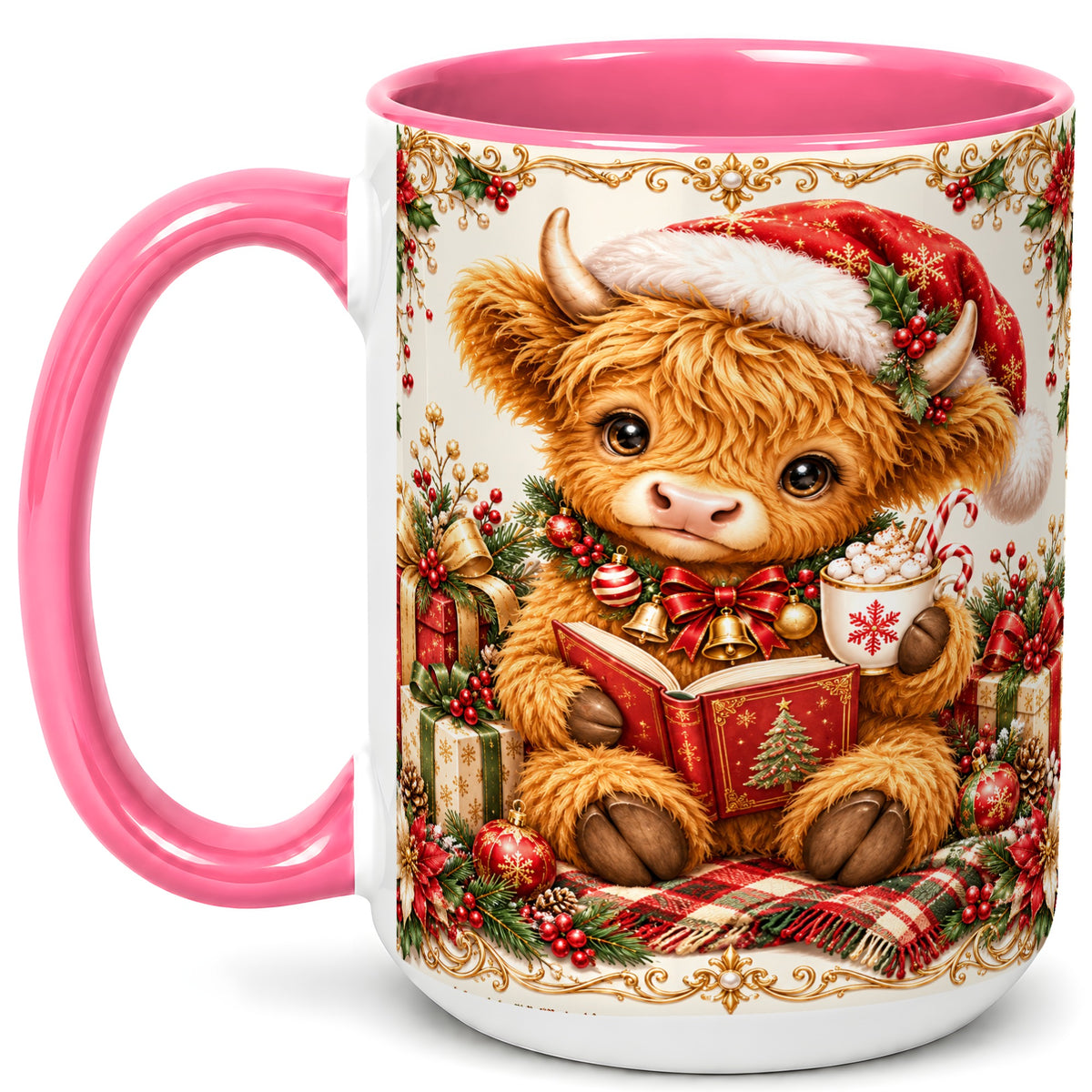 #pl[15oz|Pink] Christmas Reading Cow Coffee Mug, Cozy Holiday Mug, Ceramic Cup