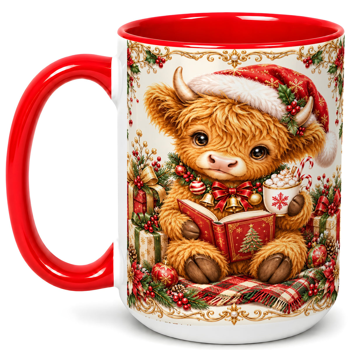 #pl[15oz|Red] Christmas Reading Cow Coffee Mug, Cozy Holiday Mug, Ceramic Cup